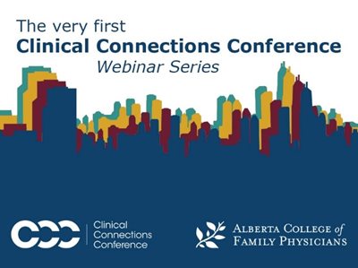 Poster of the very first Clinical Connections Conference Webinar Series. Illustration of a city skyline in blue with red, yellow, and green underlay.