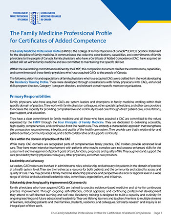 Family Medicine Professional Profile for Certificates of Added Competence