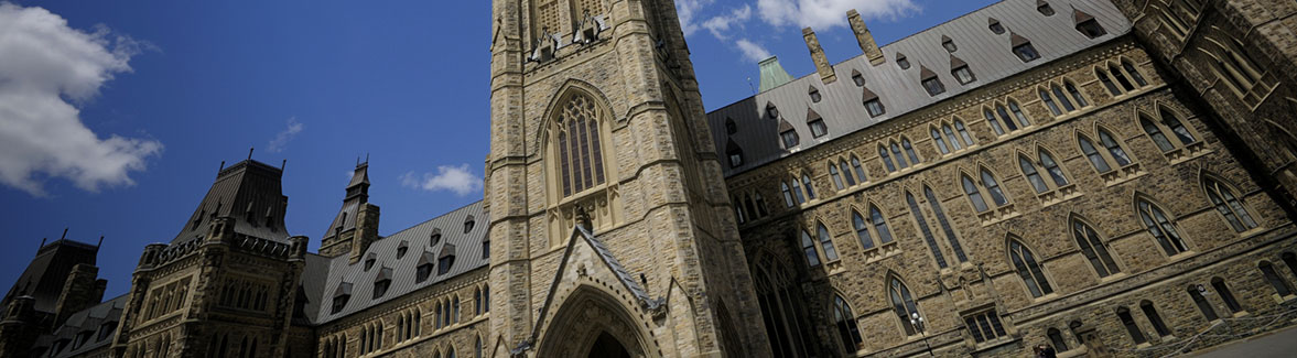 A unique angle of the Peace Tower, in Ottawa, Canada. Part of the Canadian Parliament buildings.