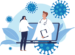 Illustration of doctors, computer laptop, and covid virus spores.