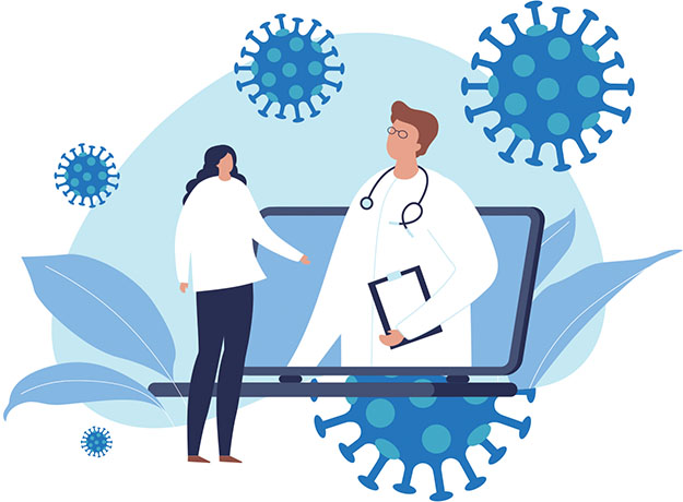 Illustration of Doctors, laptop computer, and virus particles