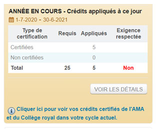 Image of the current year credit summary table from the Mainpro+ dashboard. Under the table there is text that says, “Click here to view your certified AMA and Royal College credits for the current cycle.