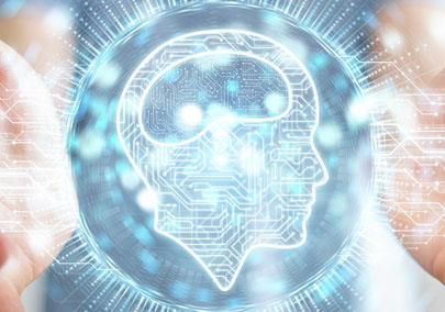 man on blurred background using digital artificial intelligence icon hologram 3D rendering.