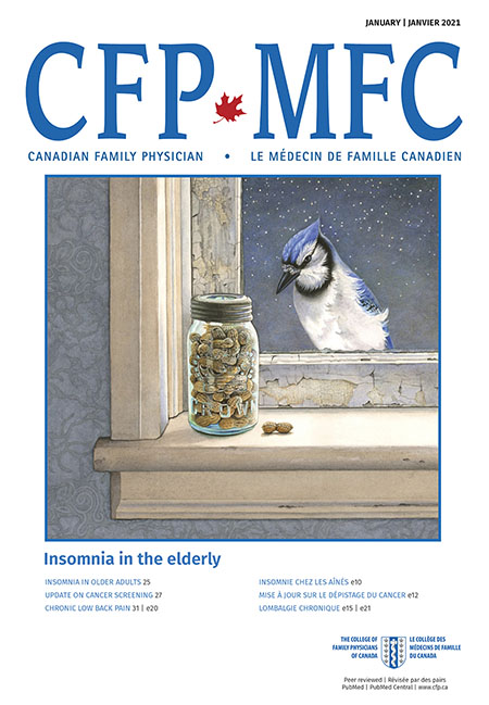 L’œuvre présentée en page couverture du Médecin de famille canadien pour le mois de janvier s’intitule Insomnia. Il s’agit d’une peinture réalisée par l’artiste et illustrateur Cori Lee Marvin