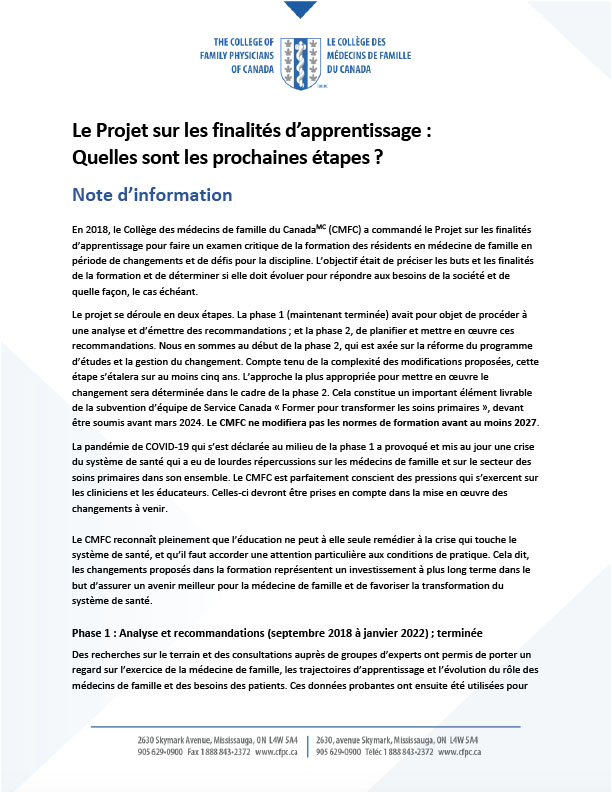 Le Projet sur les finalités d’apprentissage : Quelles sont les prochaines étapes ?