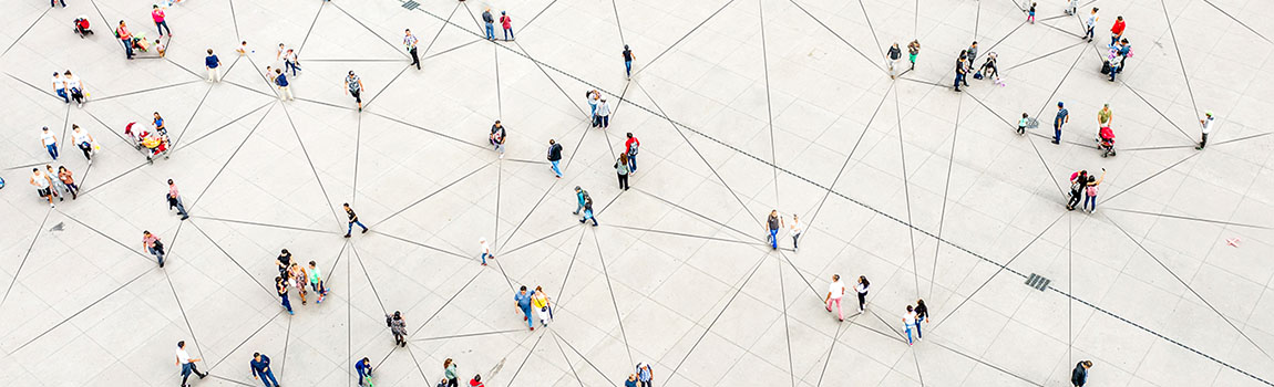 Aerial view of crowd connected by lines - stock photo