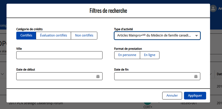 filtres de recherche