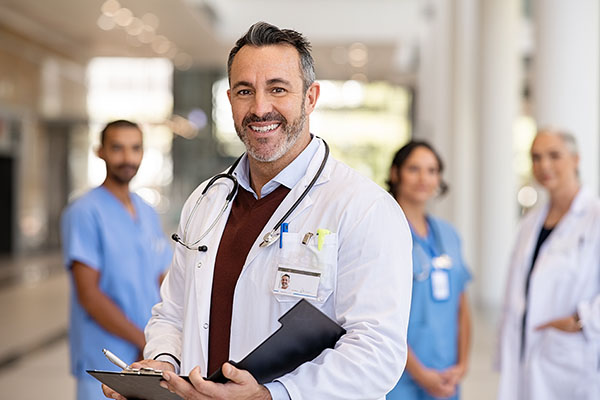 Mature doctor holding medical records at hospital - stock photo