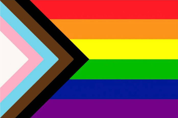 Inclusive LGBTQI+ Pride Flag with colours to include people of colour and the trans community.