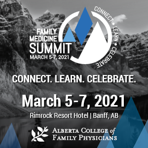 Image reads, Family Medicine Summit March 5 to 7, 2021 And has words, Connect, Learn, Celebrate with ACFP logo
