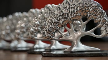 Image of bunch of award trophies of silver color.